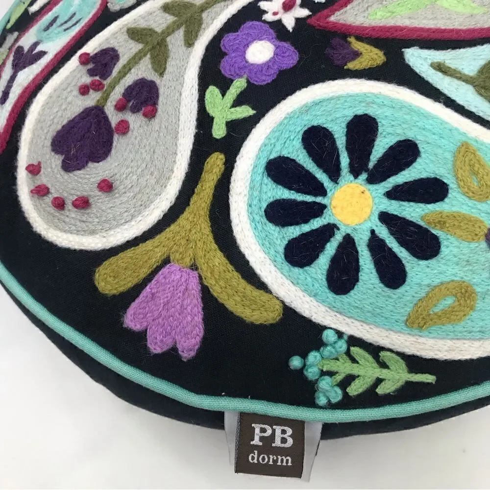Pottery Barn Colorful Paisley Crewel Stitch Round Decor Toss Pillow